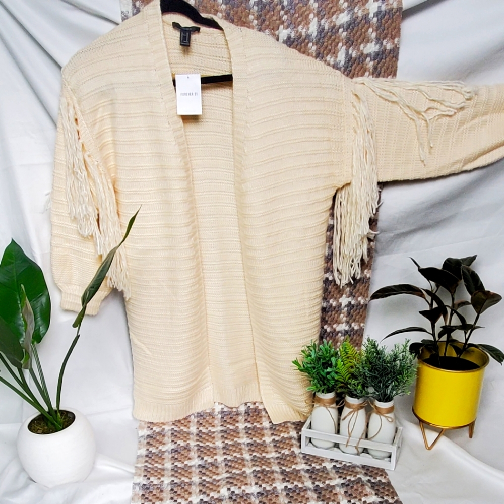 Forever 21 Tassel-Trim Cardigan Sweater Ivory Size Large NWT